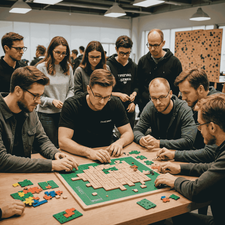 Equipo de tablerodiversion.com trabajando en nuevos diseños de puzles. Se ve un grupo diverso de personas sentadas alrededor de una mesa llena de prototipos de juegos, tableros de Plinko y otros rompecabezas innovadores.