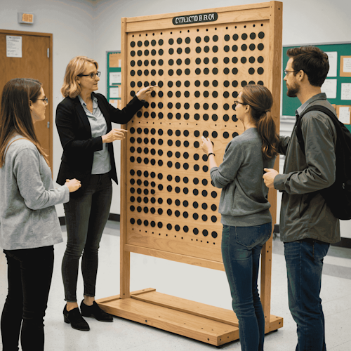 Profesor demostrando cómo usar un tablero de Plinko gigante en el aula, con estudiantes tomando notas y haciendo preguntas