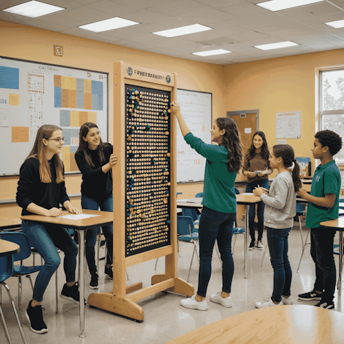 Imagen que muestra a estudiantes utilizando Plinko en un aula para aprender probabilidad y física